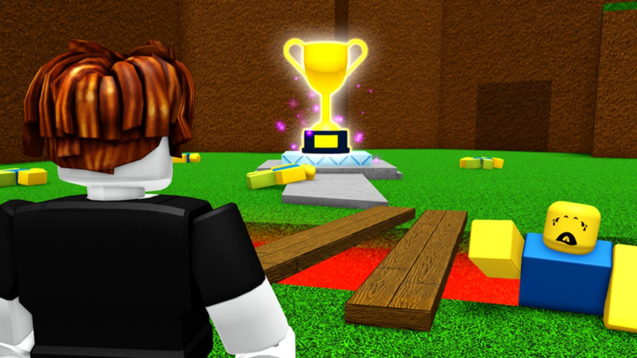 Spawn pit in Easiest Game Ever with the glowing trophy, wooden planks, and Cheese Ball on the grass